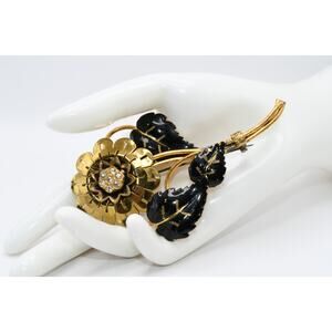 Vintage Large Flower Brooch Black Enamel Leaves Rhinestone Center Brass
